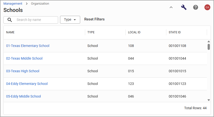 List of schools with names, types, local IDs, and state IDs displayed in a table.